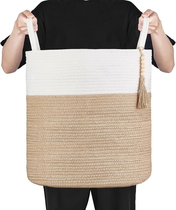 Mkono Woven Storage Basket Decorative Rope Basket Wooden Bead Decoration for Blankets,Toys,Clothes,Shoes,Plant Organizer Bin with Handles Living Room Home Decor, 15"Wx17.7"L,White and Yellow | Cream White and Brown, Decorative Basket with Handle, Wood ...