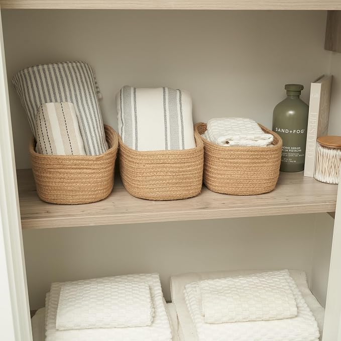 Beautiful Storage Basket Set of 3 - Sturdy Jute Rope Baskets for Shelves Are Perfect for Organizing Your Home - Quality Storage Bins Easily Fit With Any Nursery or Bedroom Decor