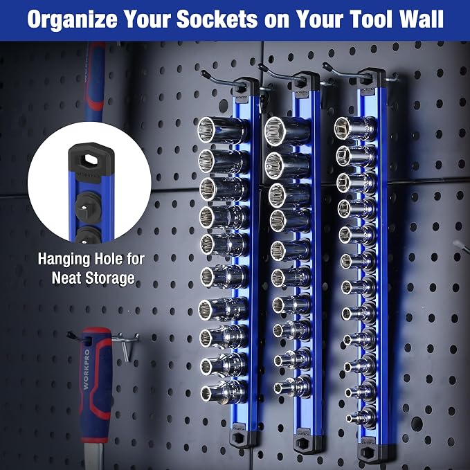 WORKPRO Magnetic Socket Organizer, Heavy Duty 1/4-Inch Drive Socket Rail | 1 Piece Socket Holder with 12 Spots, Aluminum Alloy, Rotatable & Movable Clips, Efficient Organization