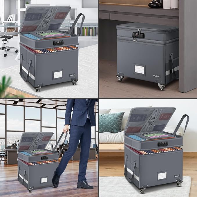 DocSafe Fireproof Document Box with Lock,2-Layer File Box with Wheels,Collapsible File Storage Organizer with Pockets,Large Portable Office Filing Cabinet for Hanging Folders,Gray,16''x13.8''x12.2''