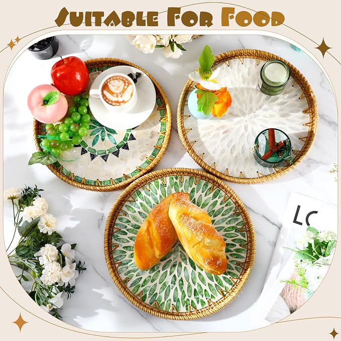3 Pcs Round Rattan Tray with Mother of Pearl Inlay Wicker Serving Tray with Wooden Base Boho Decorative Wicker Basket for Table Decor Bathroom Candle Perfume(Fresh Style)