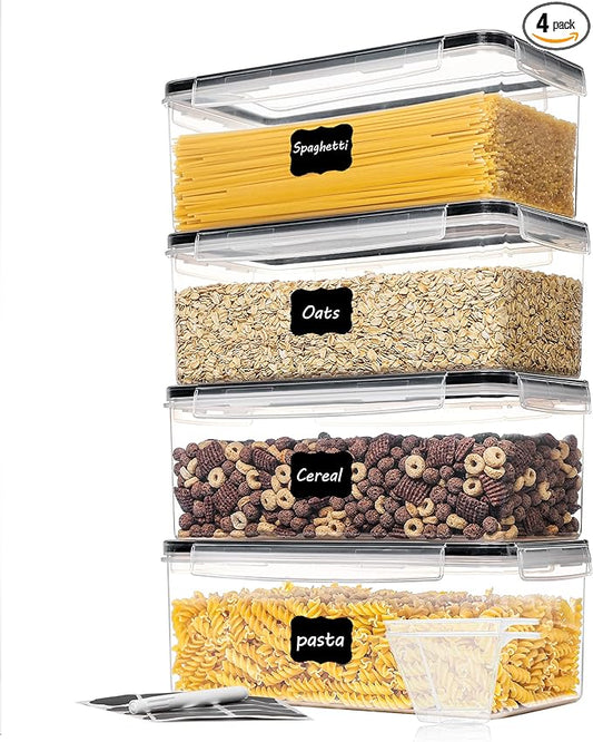 Vtopmart Pasta Storage Containers, 4 Pack, 3.2L Airtight Canisters | Horizonta Storage Design, Easy Access, Airtight BPA-Free Containers, Reusable Labels & Measuring Cups Included
