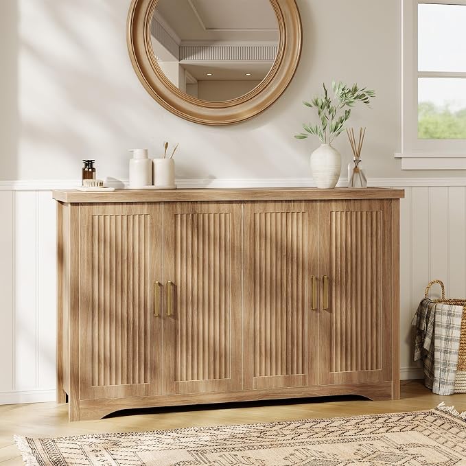 55" Fluted Sideboard Buffet Cabinet with Storage,Natural Oak | Modern Credenza with 4 Doors & Adjustable Shelves,Coffee Bar Table Console for Dining Room Kitchen Living Room Entryway