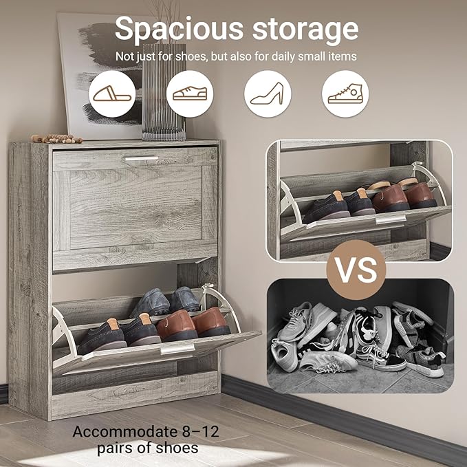 Haotian Enclosed Shoe Rack for Entryway | Shoe Cabinet with 2 Flip Drawers, Slim Shoe Storage Organizer for Hallway or Small Spaces, Grey, FSR137-HG