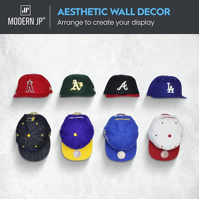 Adhesive Hat Hooks for Wall (8-Pack) - Hat Rack for Baseball Caps, Minimalist Hat Display, Strong Hold Hat Hangers for Wall - USA Patented, Clear