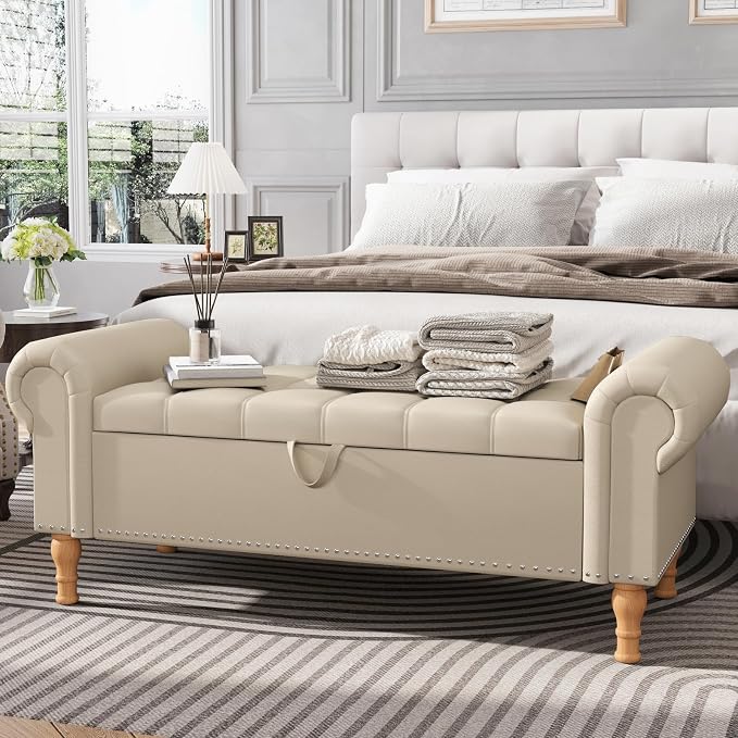 Apicizon 51” Bench with Storage, Faux Leather Ottoman Bench with Rolled Arm & Vintage Rivets, End of Bed Bench for Bedroom, Living Room, Entryway, Beige+Natural Legs