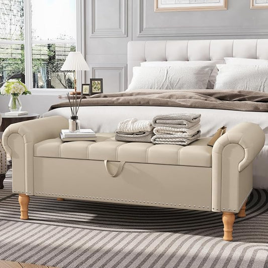 Apicizon 51” Bench with Storage, Faux Leather Ottoman Bench with Rolled Arm & Vintage Rivets, End of Bed Bench for Bedroom, Living Room, Entryway, Beige+Natural Legs