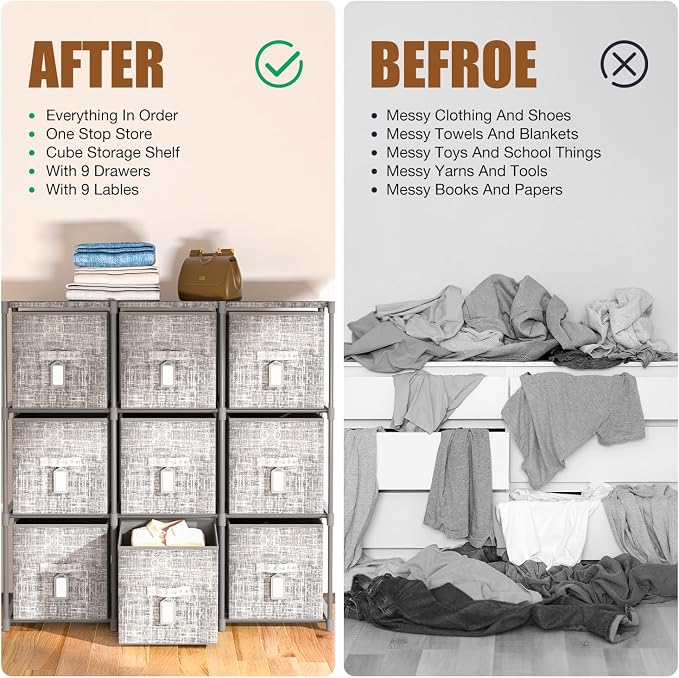 9 Cube Closet Organizer + 9 Bins + Labels | Adjustable Modular Storage Shelf, Beautiful Printed Cubby Organizer, Large Capacity, Living Room, Dorm, Yarn