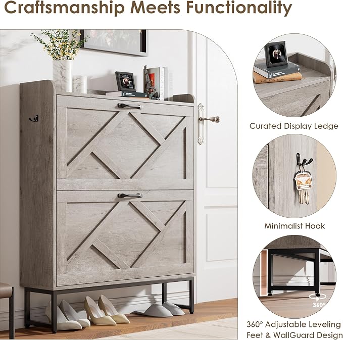 Nicetree Shoe Storage Cabinet with 2 Flip Drawers, Entryway Organizer, Gray | Slim Shoe Cabinet with Metal Legs, Narrow Farmhouse Shoe Organizer for Entryway, Foyer, Hallway, Wood Shoe Rack with Hook