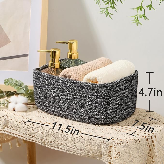 MiniArk Small Storage Baskets for Organizing | Closet Organizer Bins | Shelf Toy Basket | Woven Rope Baskets | Cube Decorative Box | Shallow Basket | 11.5x7.5x4.7” | 3 Packs Dark Gray