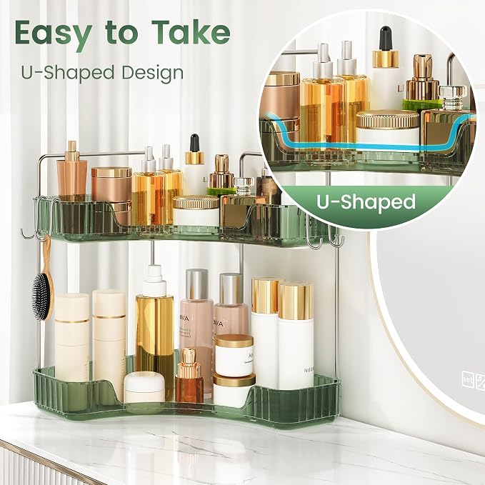 Corner Counter Organizer, 2-Tier Bathroom & Kitchen Storage Tray | PET Green Vanity Organizer Storage Countertop with Hooks for Skincare, Makeup & Jewelry