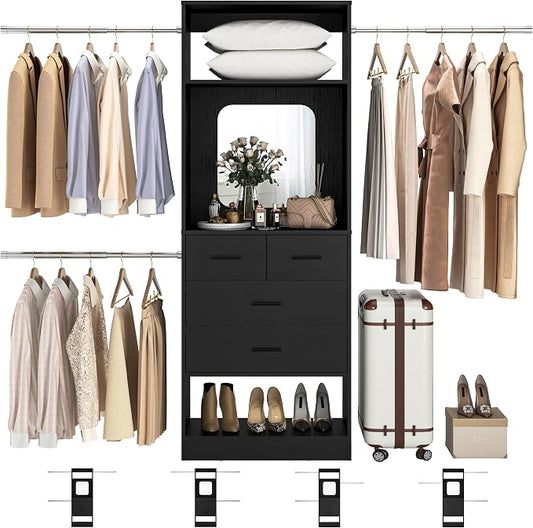 Unikito 8FT Closet System with Mirror and 3 Extendable Hanging Rods, Black | 48" - 96" Walk-in Closet Organizer with 25" Tower, 4 Wood Drawers, Customizable and Cuttable, Heavy Duty Closet Insert