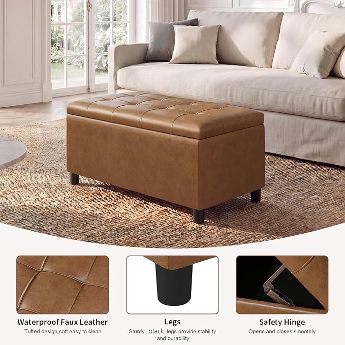 Storage Ottoman Bench,Faux Leather Upholstered Ottoman with Storage,End of Bed Bench with Safety Hinge,for Entryway,Bedroom,Living Room