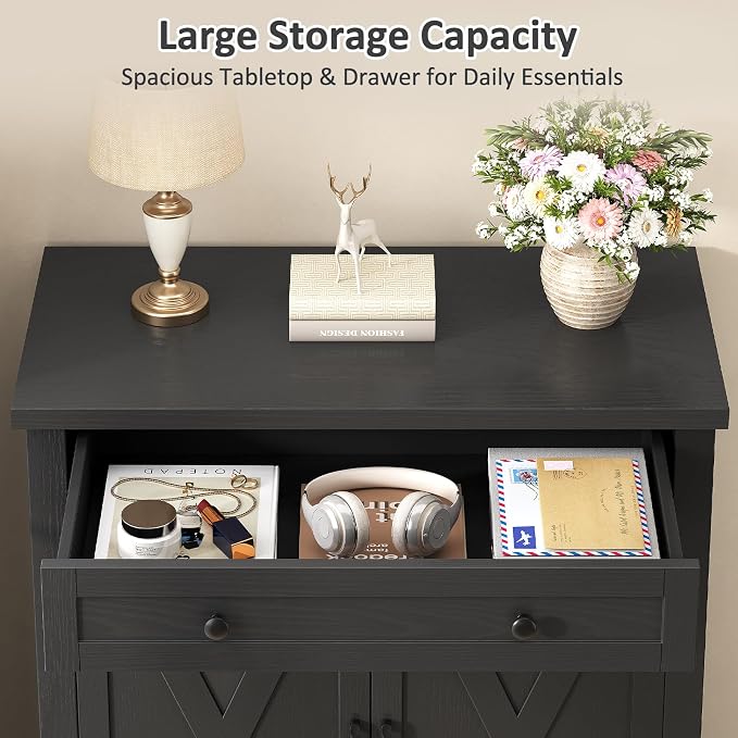 Farmhouse Shoe Storage Cabinet, 5-Tier High Boots Organizer with Adjustable Shelves, Large Drawer & Barn Doors, Entryway Shoe Rack for Hallway Living Room, Black