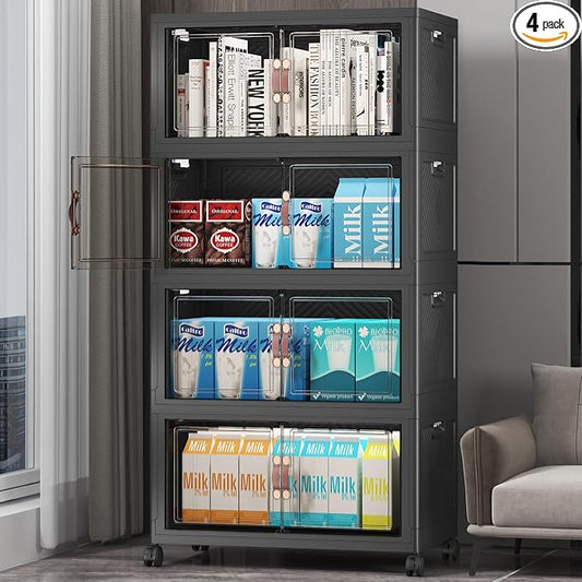 UAMFURI Stackable Storage Bins, 220QT Collapsible Drawers with 1 Lid | Large Capacity, Magnetic Door, Stack Lock, Rolling Wheels, Foldable Design, Organizers and Storage for Bedroom Dorm Garage