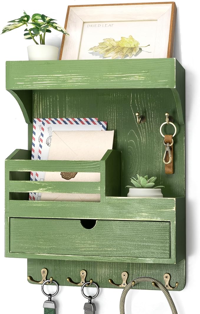 Rebee Vision Key Holder Wall Mount with 6 Key Hooks for Entryway, Green | Pine Wood, Key Holder for Wall, Floating Shelf, Plant Display, Small Drawer Organizer, Mail Sorter, Room Decor, Home Storage