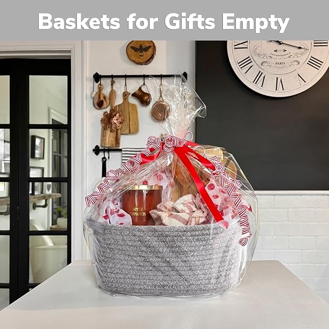 CHICVITA Small Woven Rope Gift Basket, Decorative Boo Basket, Grey | 13" x 10" x 5", Storage Baskets for Baby Shower & Nursery Essentials, Shelf & Closet Organization, Built-In Handles