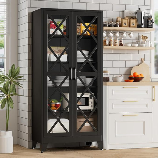 71" Tall Display Cabinet with Glass Doors, Farmhouse Metal Storage Glass Cabinet with 4 Adjustable Shelves, Black Vintage Tall Storage Cabinet for Collectibles,Curio, Books, Chinaware, Figures
