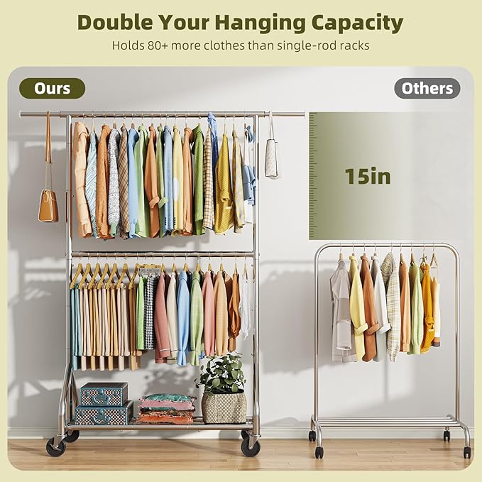 Simple Trending Heavy Duty Clothes Rack, Extendable Clothing Rack, Chrome | Double Rod Garment Rack, Freestanding Portable Closet, with Wheels & Shelf, Adjustable Middle Rod, for Bedroom, Laundry
