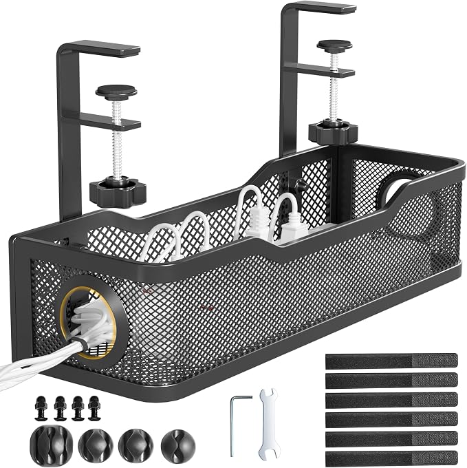 Under Desk Cable Management Tray Black, Cinati Wire Organizers No Drill, Cable Tray with Clamp for Wire Management, Cord Organization Box for Office, Home - No Damage to Desk