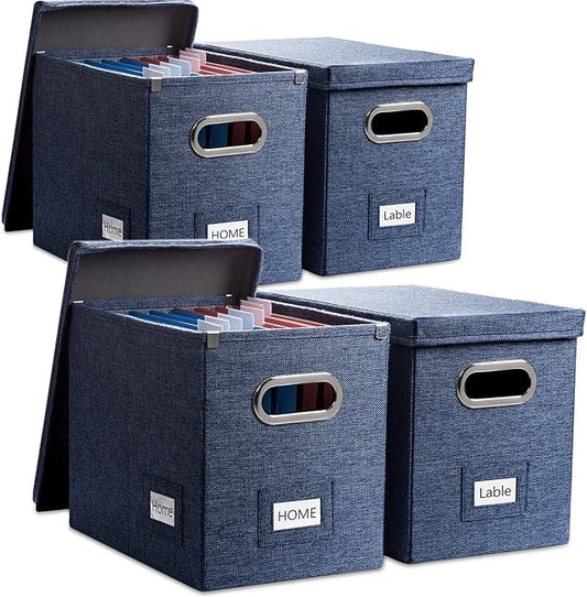 File Organizer Box - Set of 4 Collapsible Decorative Linen Filing Storage Hanging File Folders with Lids Office Cabinet Letter Size Navy Blue (14x9.3x10.8 inch)
