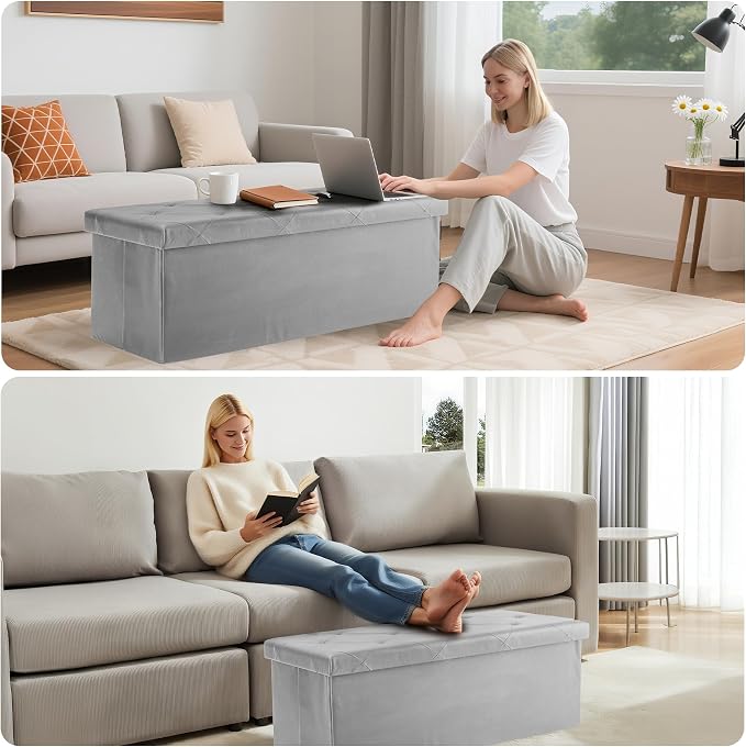 DUMOS 43 Inch Folding Storage Ottoman Bench, Large Ottoman with Storage | Storage Chest with Padded Seat, End of Bed Foot Rest Stool for Bedroom Living Room, Load 660 lbs, Synthetic Leather, Grey