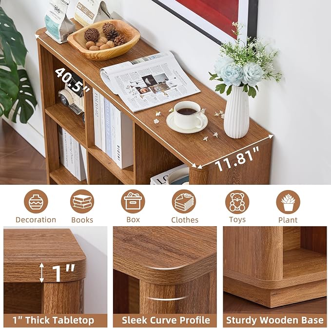 Joaxswe 9 Cube Storage Book Shelf, 40.5" Wide Organizer Bookshelf with Curved Edge, Wood Floor Standing 3-Tier Cubby Bookcase with Base, Country Rustic Display Book Case for Library, Office, Brown