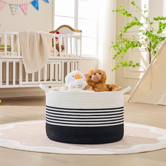 KAKAMAY Large Blanket Basket with Handles, Storage Basket for Living Room | Extra Large Capacity | Natural Cotton Rope | Blanket Storage | Woven Storage Basket | Stuffed Animal Storage | Laundry Basket