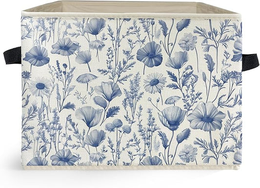 Blue and White Floral Storage Box Bins, Chinoiserie Flower Botanical Collapsible Storage Basket Organizer for Bedroom Laundry Room Home Clothes Books, Decor for Room