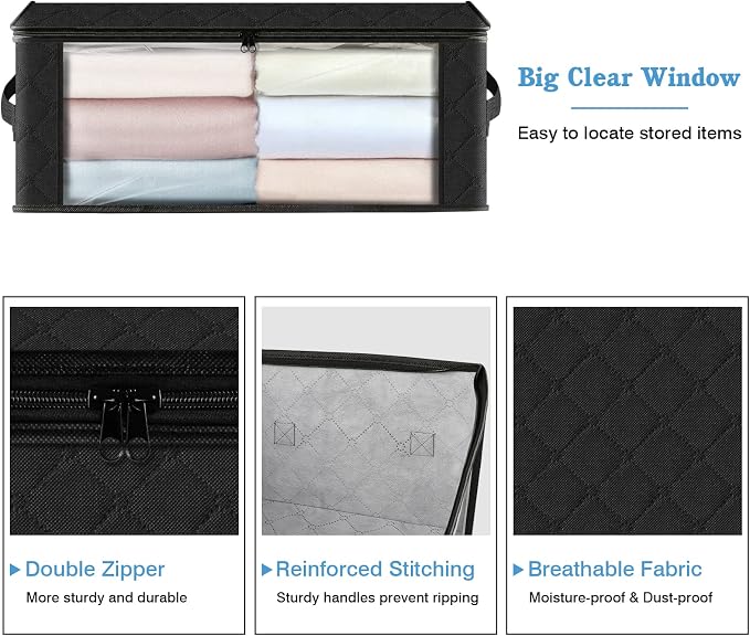 HomeHacks 4-Pack Clothes Organizer Storage Bags, 35L Storage Bins, Black | Foldable Storage Box Container with Zippers, Clear Window, Reinforced Handles for Closet, Dorm, Pillows, Bedding, Sweater