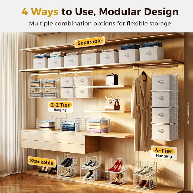 4 Tier Hanging Closet Organizer with 4 Drawers, White | Metal Hanging Shelves with 4 Hanging Hooks for Wardrobe Laundry Garage, No Sagging, Modular Design, Space Saving