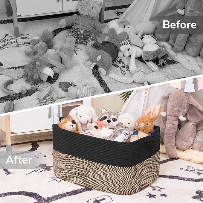 Goodpick 75L Extra Large Woven Blanket Basket, 22" x 17" x 12", Black Jute | Decorative Rectangle Basket for Blankets, Pillows & Toys Storage, Living Room & Bedroom Organization, Nursery & Home Decor