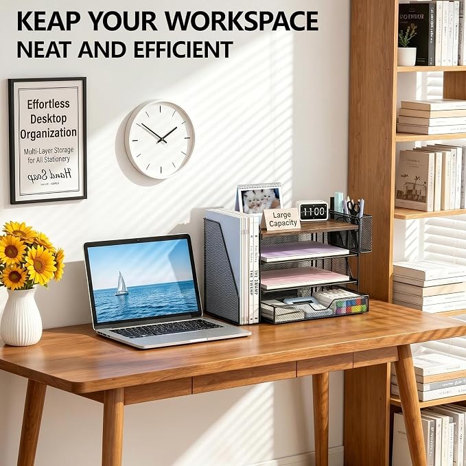 OPNICE Desk Organizer, 4-Tier Desktop File Organizer with Drawer and Pen Holders, Office Desk Accessories, File Sorters, Workspace Organizers for Office Supplies(Wood - Metal Pen Holder)