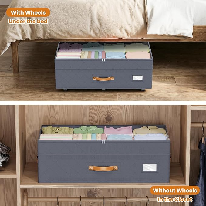 Budding Joy 80L 2 Pack Adjustable Under Bed Storage Containers with Wheels | Rolling shoe storage organizer with clear lids and label for dorm home clothes, blankets, toys, easy to install, grey