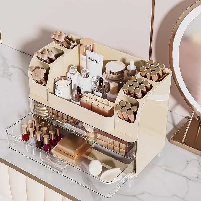 Delamu Large Makeup Organizer Countertop with 6 Brush Holders, Makeup Organizers for Vanity with 2 Large Drawers, Easy to Store Skincare, Lipsticks, Nail Polishes, Eyeshadow Palettes, Cream White