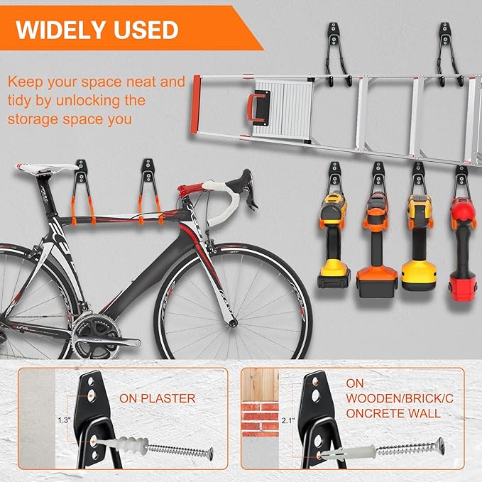 HUPBIPY 12 Pack Garage Hooks Heavy Duty, Wall Mount Ladder Hooks | Storage Organizer With a non-slip coating for Hanging Bicycles Garden Tools Ladders Hoses Ropes and Loose Items(Black)