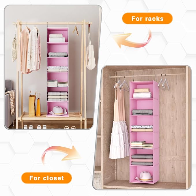 Hanging Closet Organizer 6-Shelf, Oxford Fabric Wardrobe Storage, Pink | Easy-mount foldable design holds clothes, handbags, shoes & accessories; washable Oxford fabric, sturdy and space-saving.