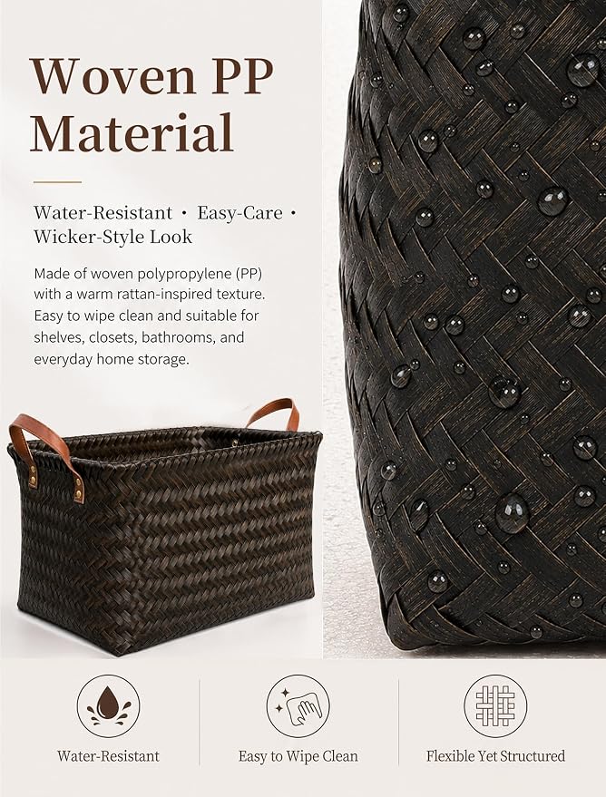 Wicker Storage Baskets, 4 Pack Woven Baskets for Shelves, Dark Gold | PP Rattan, Water-resistant Wicker Basket, Large Baskets with Faux Leather Handles for Blanket, Laundry Organizer, Room Decor