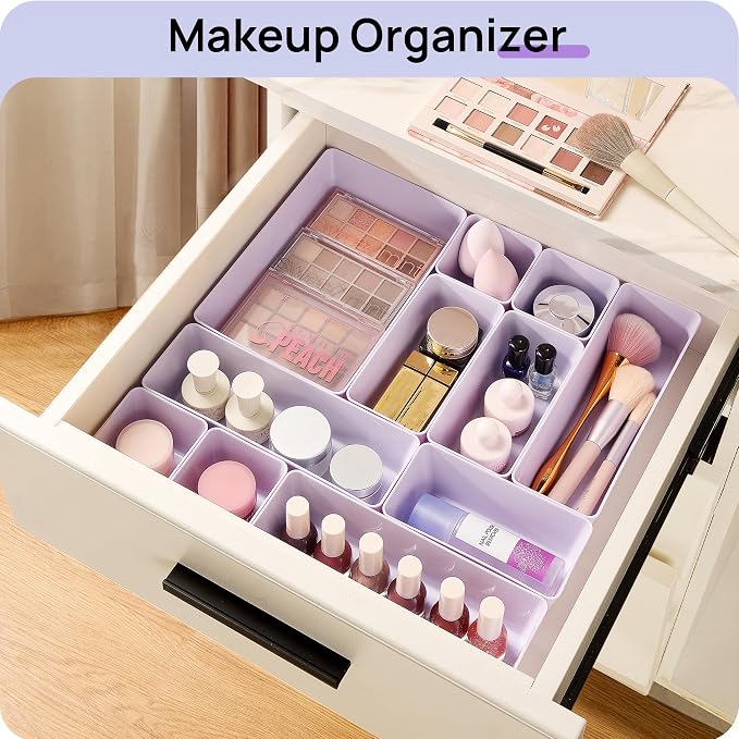 Vtopmart 25 Pack Plastic Drawer Organizers with Non-slip Rubber Pads | 4-Size Versatile Makeup Organizer, Storage Containers Small Bins for Makeup, Jewelries, Bedroom, Kitchen Utensils and Office