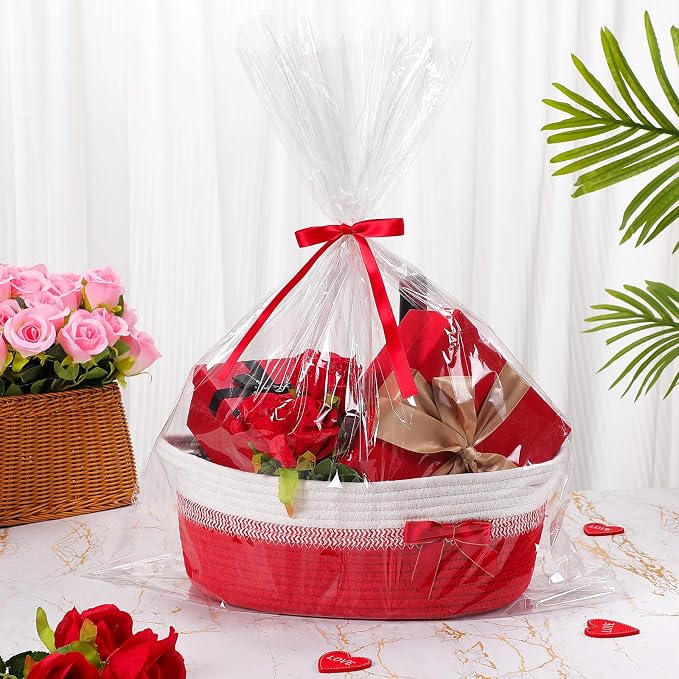 Colingmill 1 Set Woven Empty Basket for Gift,Red White | with Cellophane Wrap Set, 14 x 10 x 5.5 Inch, Medium Decorative Gift Basket, Cotton Rope Storage Box, Home Decor