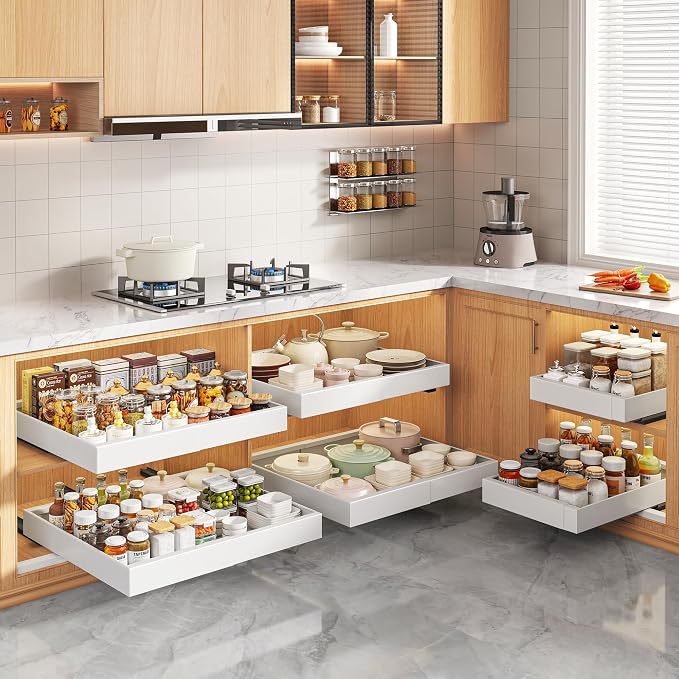 Seinloes 2 Pack Pull Out Cabinet Organizers 21"Deep with Raising Pad for Framed Cabinets,Expandable Slide Out Drawers Upgrade 3 Slide Rails,Roll Out Shelves Adhesive,Adjustable Width 12"-20.45" White