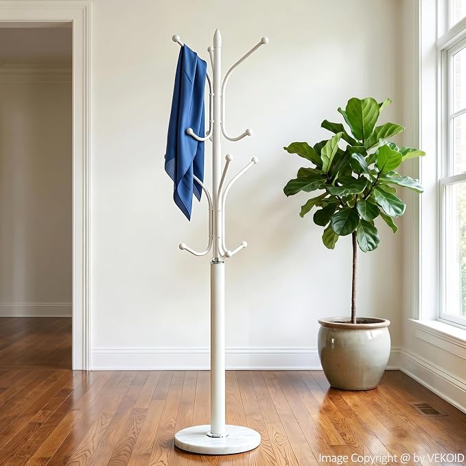 12 Hooks Metal Coat Rack Freestanding Coat Tree with Marble Base, Heavy Duty Coat Rack Stand for Clothes Hats Bags, Coat Hanger Stand for Corner Entryway Bedroom Office (White)
