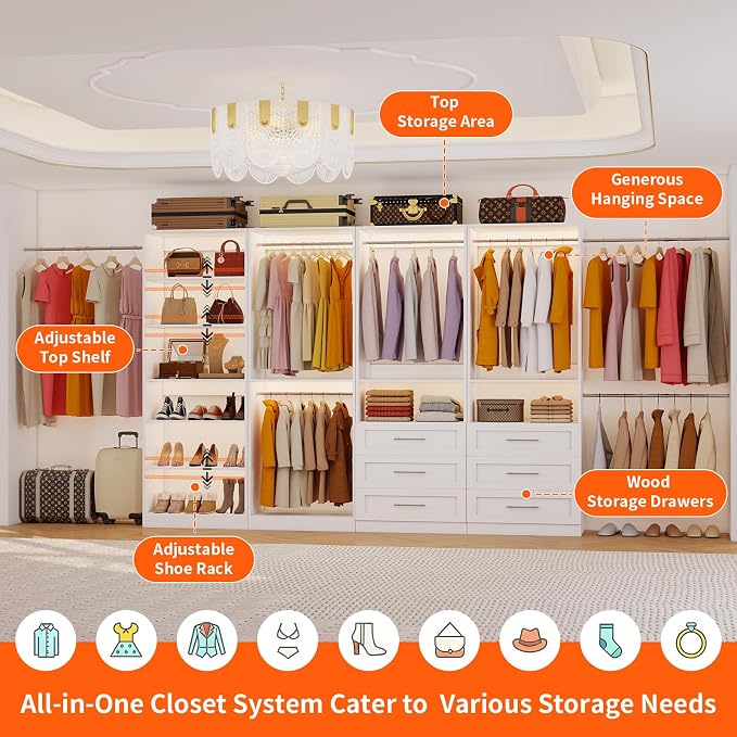 Closet System Set of 4, 8-21FT Closet System with 6 Drawers, 8 Shelves & 8 Hanging Rods, Custom Walk in Closet Organizer System Adjustable, Max 252“ Modular Closet Storage System Wood, White