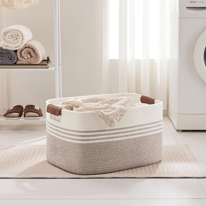 72L Large Woven Laundry Basket Hamper with Leather Handles,Brown | collapsible wicker hamper, storage for dirty clothes, toys, blankets, gifts, living room, bedroom, bathroom, 22"x17"x12"