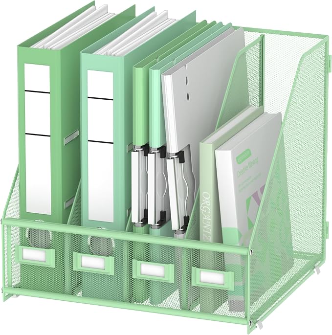 DALTACK 4-Slot Magazine File Holder, Metal Binder Holder, Mint Green | Iron Mesh Construction, Labeled Sections for Easy Sorting, Anti-Slip Feet, Binder and Folder Storage for Office, Classroom