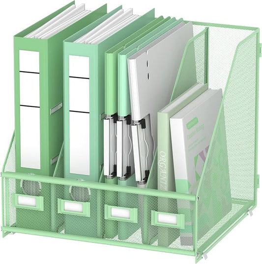 DALTACK 4-Slot Magazine File Holder, Metal Binder Holder, Mint Green | Iron Mesh Construction, Labeled Sections for Easy Sorting, Anti-Slip Feet, Binder and Folder Storage for Office, Classroom