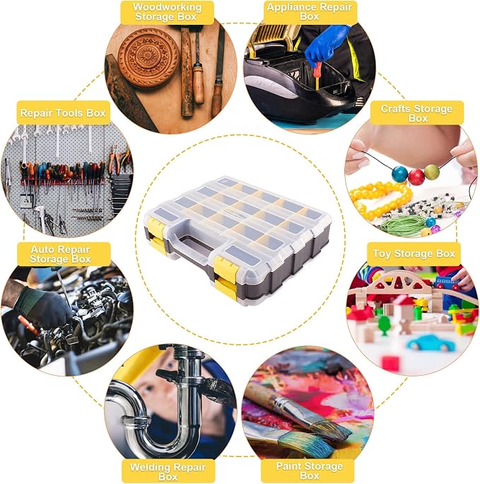 Hardware Organizer Box 34 Compartments Small Parts Organizer with Removable Dividers Durable Plastic Double Side Tools Box Screw Organizer For Nuts, Bolts, Screws, Nails, Small Hardware (Yellow)