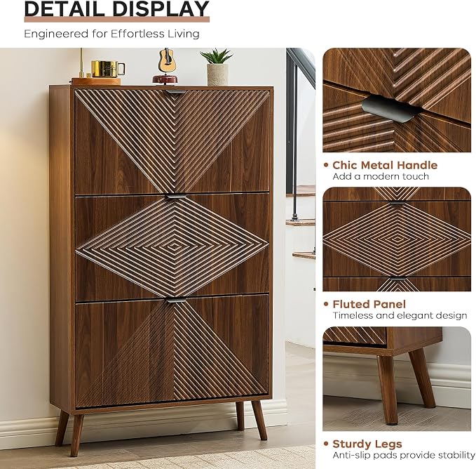 oakvivo Shoe Cabinet with 3 Flip Drawers, 31.5'' W Freestanding Narrow Shoe Storage Cabinet for Entryway, Modern Shoe Organizer with 4 Wooden feet, Hidden Shoe Rack for Hallway Mudroom, Walnut