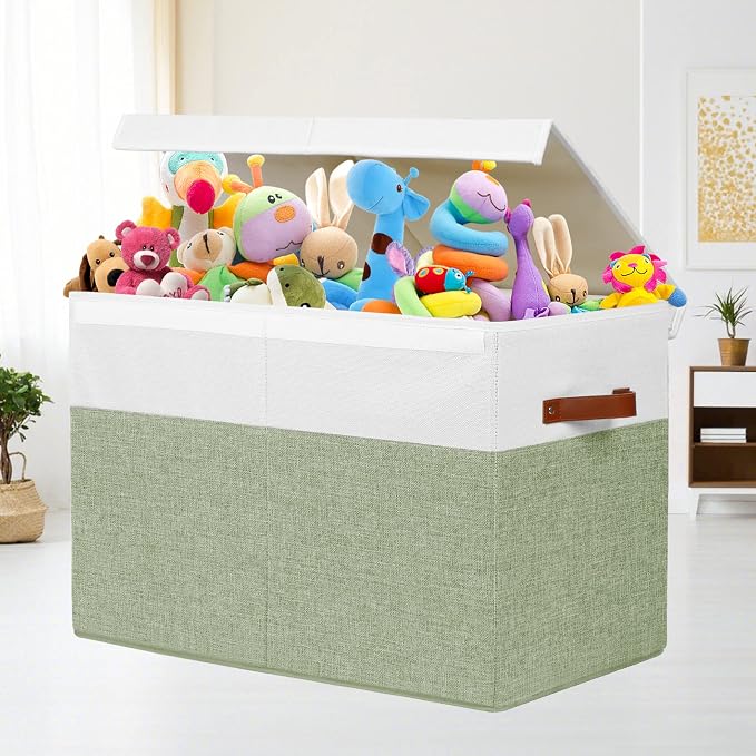 Large Toy Storage Box with Lid, Toy Chest Bin Boxes Basket with Dividers | Sturdy Toy Organizer Bin for Kids, Boys, Girls, Nursery, Living Room, Bedroom, Playroom 25"x13" x16" (Green and White)