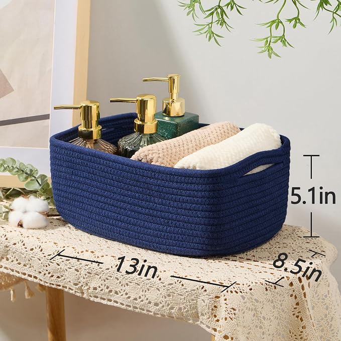 MiniArk Small Storage Baskets for Organizing | Closet Organizer Bins | Shelf Toy Basket | Woven Rope Baskets | Cube Decorative Box | Shallow Basket | 13x8.5x5.1” | 3 Packs Navy Blue